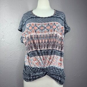 Women's Large Lucky Brand short sleeve boho top cotton modal blue paisley